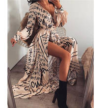 Платье женское с буквенным принтом, пляжное макси свободного кроя, с V-образным вырезом и длинным рукавом, с разрезом, Повседневная элегантная одежда в стиле бохо, весна-осень 2024 - купить недорого