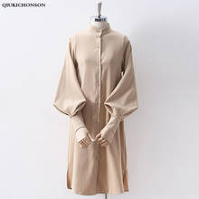 Long Lantern Sleeve Blouse Korean Lazy Oaf Style Women Shirt Spring Autumn Stand Collar Single Breasted Slit Long Shirt White 2024 - buy cheap