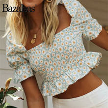 Bazaleas Chic Daisy Print Flare Short Sleeve ropa mujer Fashion Crop top Ruffles blouse women harajuku Vintage Cropped Blouse 2024 - buy cheap
