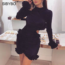 SIBYBO Ruffles Hollow Out Ribbed Sexy Dress Fashion Long Sleeve Mini Autumn Women Dress Solid Club Bodycon Party Dress 2024 - buy cheap