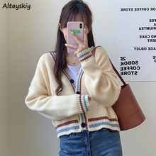 Cardigã feminino folgado, estilo coreano, primavera, estudante, casual, high street patchwork, ulzzang, hipster, doce, gola em v, diário 2024 - compre barato