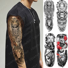 Tatuaje de manga de brazo grande para hombres y mujeres, tatuaje temporal impermeable de Tigre, León, Lobo, búho, corona, Guerrero, arte corporal completo, tatuajes falsos 2024 - compra barato