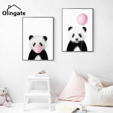 Desenho de parede do berçário do bebê panda impressão animal com bolha goma poster decoração bonito rosa balão chá de fraldas presente lona pintura 2024 - compre barato