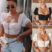 2020 Summer Women Sexy Square Collar Blouse Shirt Crop Top Ladies Solid Short Sleeve Retro Short Blouses Tops 2024 - buy cheap