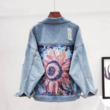 Women Denim Jacket Coat Diamonds Hole Floral Appliques Embroidery Female Spring Autumn Casual Loose Cowboy Outwear 2024 - buy cheap