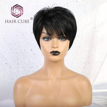 Синтетические короткие прямые парики Haircube с челкой, 50% натуральные человеческие волосы, 1B цветные парики для женщин 2024 - купить недорого