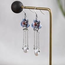 2020 new 100% real S925 silver burnt blue earrings for women Thai silver cloisonne tassels pearl silver woman earrings 2024 - buy cheap
