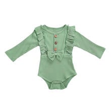 Roupas de outono para bebês, macacão de manga longa com gola redonda e babado, cor sólida, com laço para meninas de 0-18 meses 2024 - compre barato