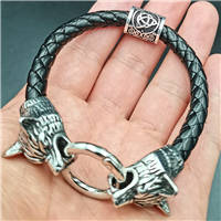 Antiquing Stainless Steel Wolf Head Viking Bracelet Jewelry Vegvisir Trinity Runes Beads Leather Bracelet Talisman Dropshipping 2024 - buy cheap
