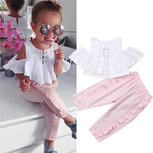 Детская футболка Pudcoco с рюшами на воротнике для маленьких девочек, топы с коротким рукавом, длинные брюки с кисточками, 2 предмета, наряды, солнцезащитный костюм, 2020 2024 - купить недорого