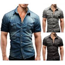 Camisa de mezclilla para hombre, camisa de manga corta con cuello vuelto, Oxford, color azul sólido, Comercio Exterior, novedad de 2021 2024 - compra barato