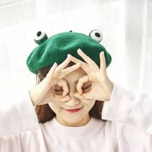 Японские Женские милые береты с зелеными глазами лягушки, Зимняя Теплая Шапка-бини из искусственной шерсти в винтажном стиле художника, для косплея 2024 - купить недорого