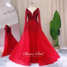 Luxury Dubai Crystal Burgundy Evening Dresses with Overskirt Long Sleeves Women Wedding Party Gown V-Neck Engagement Prom Dress 2024 - buy cheap