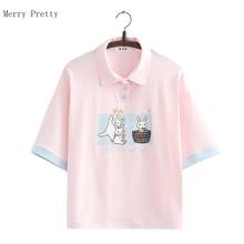 Harajuku Cartoon Rabbit Print Casual Summer T-Shirts Women 2021 Sweet Style Short Sleeve Turndown Collar TeeFemale Cotton Tops 2024 - buy cheap