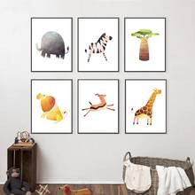 Pósteres e impresiones de dibujos animados de animales de Safari, pintura en lienzo de acuarela, león, elefante, jirafa, cebra, arte nórdico para pared, decoración para habitación de niños 2024 - compra barato