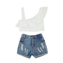 2021 1-6Y Fashion Girls Solid Color Clothes Set Flower Lace Sleeveless Off-shoulder Cropped Tops+Irregular Ripped Denim Shorts 2024 - buy cheap