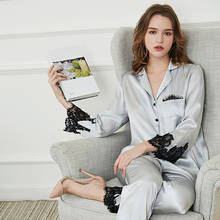 Pijama de seda pura 100%, pijama feminino de manga longa, tecido macio de luxo com manga longa, calça xxl para mulheres, roupa de verão 2024 - compre barato
