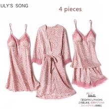 JULY'S SONG-Conjunto de pijama de seda sintética para mujer, ropa de dormir Sexy con estampado de leopardo rosa, de encaje, 4 piezas 2024 - compra barato