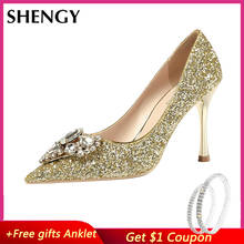 SHENGY Sexy Pointed Toe Shallow Mouth High Heels Rhinestone Nightclub Thin Heels Women's Shoes Banquet Wedding Bling Shoes 2024 - buy cheap