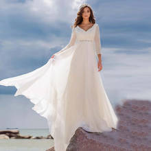 V-Neck Beach Wedding Dress 2021 3/4 Sleeve A-Line Crystal Belt Pleat Backless Chiffon Bride Gown Vestidos De Noiva Sweep Train 2024 - buy cheap