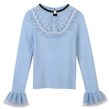 O-Neck Lace Beaded Luxury Sexy Slim Blue Knitwear Top Sweater 2022 Fall Winter Women Pullover Flare Sleeve Sweet Brand Clothes 2024 - buy cheap