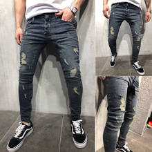 Goocheer-calças jeans rasgadas masculinas, jeans slim fit, calças jeans destruídas com efeito de bigode. moda de rua 2024 - compre barato