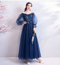 Dark Blue A-line V-neck Tulle Lace 3D Flowers Appliques Vintage Evening Dresses 2020 New Party Dress Evening Gown SK21 2024 - buy cheap