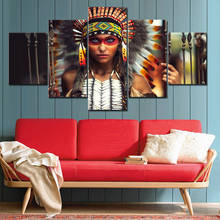 Quadros modernos para pintura modular barato fotos 5 painel indiano pena menina arte da parede para sala de estar decoração casa arte da lona 2024 - compre barato