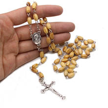 Natural Pine Wooden Oval Rosary Beads Necklace Handmade Virgin Mary Cross Hanging Pendant Necklace Religious Prayer Jewelry Gift 2024 - buy cheap