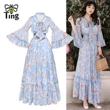 Tingfly 2021 Summer Fashion Flare Sleeve Fairycone Floral Chiffon Maxi Long Dress Elastic High Waist Cottagecore Dress Elbise Za 2024 - buy cheap