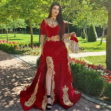 Red Arabic Muslim Mermaid Velvet Evening Dresses 2021 Gold Applique Lace Prom Gowns Half Sleeves Slit Dubai Algerian Outfit 2024 - buy cheap
