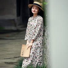 Vestido feminino de linho, vestido retrô com gola alta em linho cheongsam vestido estampado feminino 2020 verão outono 2024 - compre barato