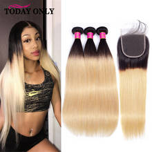 Highlight Straight Hair Bundles With Closure Ombre 1B/613 Bundles With Closure Blonde Peruvian Human Hair Bundles With Closure 2024 - buy cheap