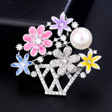 New style flower basket pearl brooch natural freshwater pearl corsage Korean version copper micro-inlaid zircon coat pin girl 2024 - buy cheap