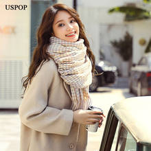 Женский шарф USPOP, зимние клетчатые шарфы, толстый теплый шарф с кисточками, кашемировая шаль 2024 - купить недорого