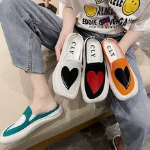 Heart Print Summer Casual Loafers Women Flat Breathable Platform Slippers Women Mules Slip on Canvas Female Shoes лоферы женские 2024 - buy cheap