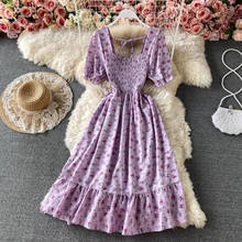 Vestido longo de verão estampa floral roxo gola quadrada casual, vestidos plissados, novo vestido de verão, roupas gentis para mulheres, 2021 2024 - compre barato