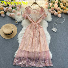 Sweet Pink Embroidered Dress Women 2021 Summer Elegant See Through High Waist Short Sleeve Party Vestidos Female Fashion Robe 2024 - buy cheap