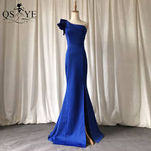 Женское вечернее платье с юбкой годе, синее платье стрейч с одним открытым плечом и оборками, платье для вечеринки с разрезом 2024 - купить недорого