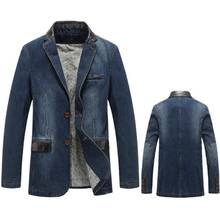 Moda outono masculino fino ajuste casual denim terno jaqueta homens costura de couro blazer masculino marca denim blazer 2024 - compre barato