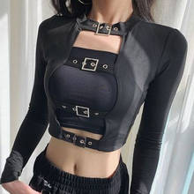 Long Seelve Buckle Choker Halter Gothic Black Bandage Crop Top Sexy Camis Women Bodycon Strap Clubwear Tops 2024 - buy cheap