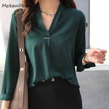 Blusa feminina chiffon manga comprida 4xl, elegante, gola v, blusas de cor sólida, plus size, camisas coreanas, para escritório, 2020 2024 - compre barato