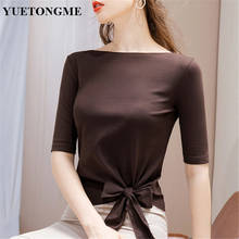 Mid-sleeve t-shirt women 2021 new women's five-point sleeve t-shirt hem bow tie strap one-shoulder top T028 2024 - buy cheap