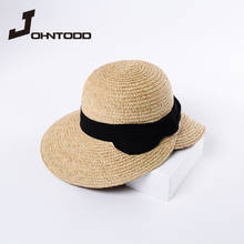 2021 New Summer Women Sun Hat Raffia Grass Straw Folding Wide Brim Bucket Hat with Ribbon Bow Lady Beach Hat Dome Bucket Cap 2024 - buy cheap