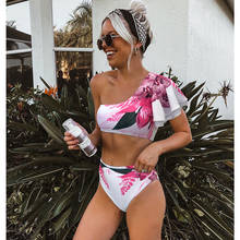 Conjunto de Bikini con volantes para mujer, bañador de cintura alta con estampado Floral, traje de baño de un solo hombro, ropa de playa de realce, traje de baño con volantes 2024 - compra barato