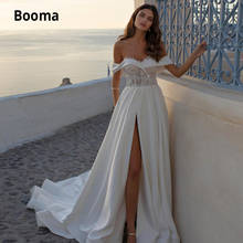 Booma 2020 Satin Wedding Dresses Lace Appliques Bridal Gowns Beach Boho Plus Size Off the Shoulder Princess party Gown with Slit 2024 - buy cheap