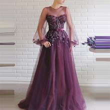 Floral Purple Prom Dresses With Belt Newest Beads Appliqued Lace Evening Dresses Long Sleeves Sweep Train A Line Party Gowns 2024 - buy cheap
