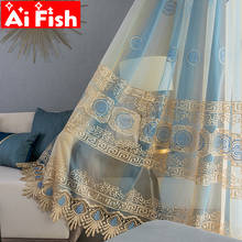 Cortinas clásicas de lujo para sala de estar, cortinas de tul bordadas con degradado geométrico, deslumbrantes y azules, tratamientos para ventanas, MY331 #25 2024 - compra barato