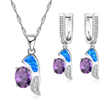 Conjunto de joyería para mujer, colgante de cristal violeta con forma geométrica, ópalo de Fuego Azul de imitación, collar, pendientes, joyería de boda 2024 - compra barato