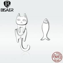 Bisaer 925 Sterling Silver Earrings Naugth Kittty Cat Asymmetry Stud Earrings for Women Fashion Jewelry Brincos Wedding Gift 2024 - buy cheap